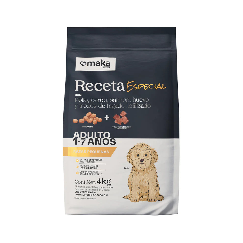 MAKA-Receta Especial - Raza pequeña (Pollo, cerdo, salmón, huevo y trozos de hígado liofilizado)